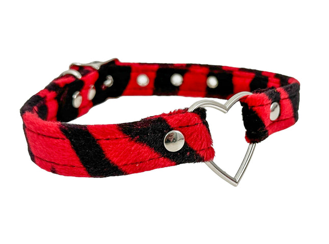 FC223L-ZEB  PINK RED WHITE FUZZY ZEBRA HEART RING BONDAGDE CHOKER