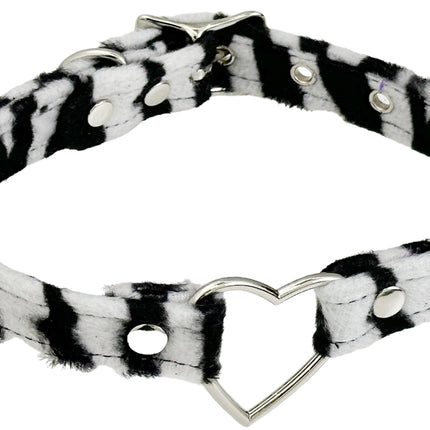 FC223L-ZEB  PINK RED WHITE FUZZY ZEBRA HEART RING BONDAGDE CHOKER