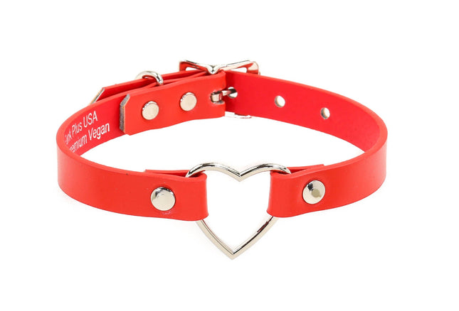 FC223VEGAN VEGAN LEATHER MIDDLE HEART RING RED LEATHER CHOKER