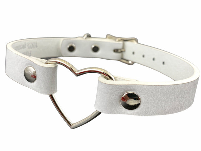 FC223WHT WHITR GENUINE LEATHER MIDDLE HEART RING CHOKER