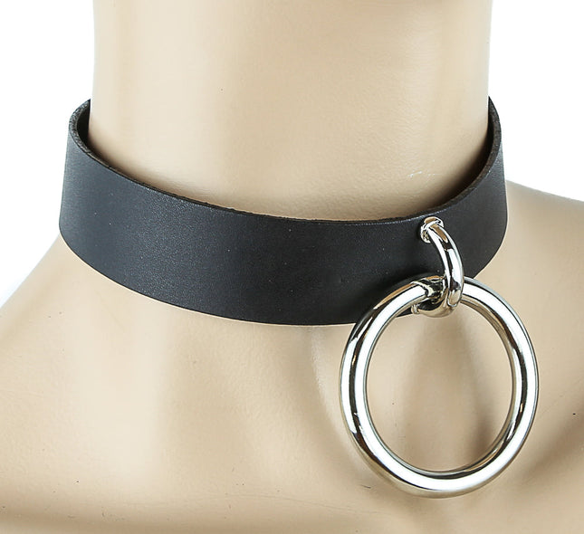 FC231 BLACK LEATHER BONDAGE CHOKER WITH VERTICAL D HOLDER