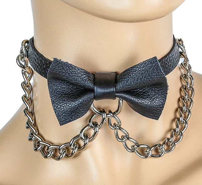 FC288C LEATHER BOW D RING CHOKER WITH CHAIN