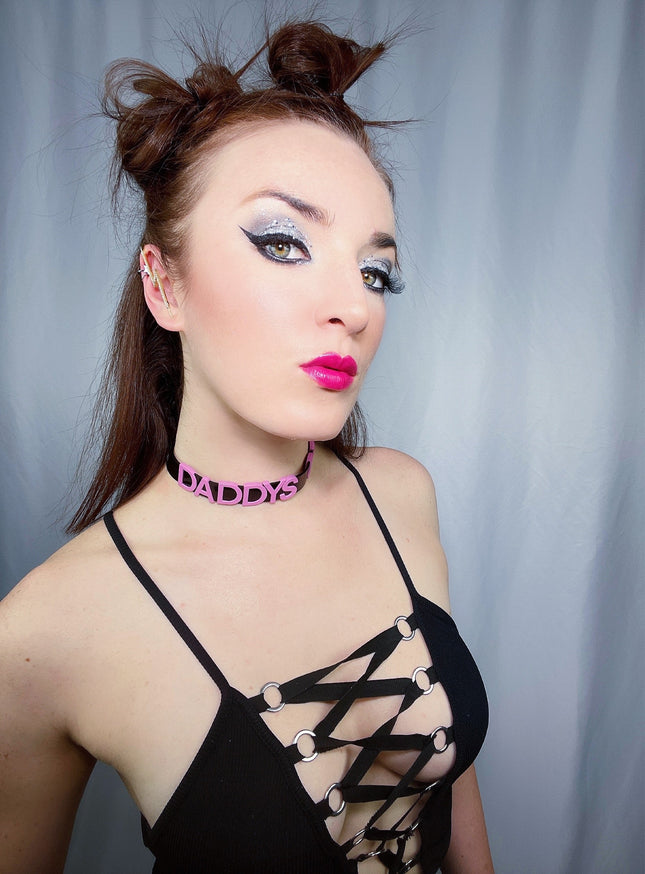 FC291-PS STAINLESS STEAL WORDS BLACK LEATHER CHOKER