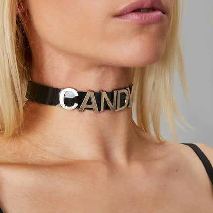 FC291 LEATHER STAINLESS STEEL LETTER NAME FETISH  CHOKER