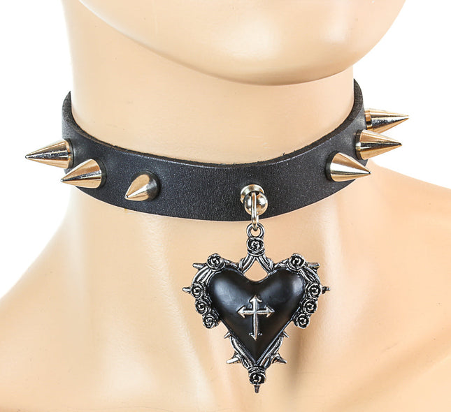 FC313 CONE SPIKE LEATHER CHOKER WITH CROSS HEART PENDANT