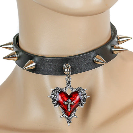 FC313 CONE SPIKE LEATHER CHOKER WITH CROSS HEART PENDANT