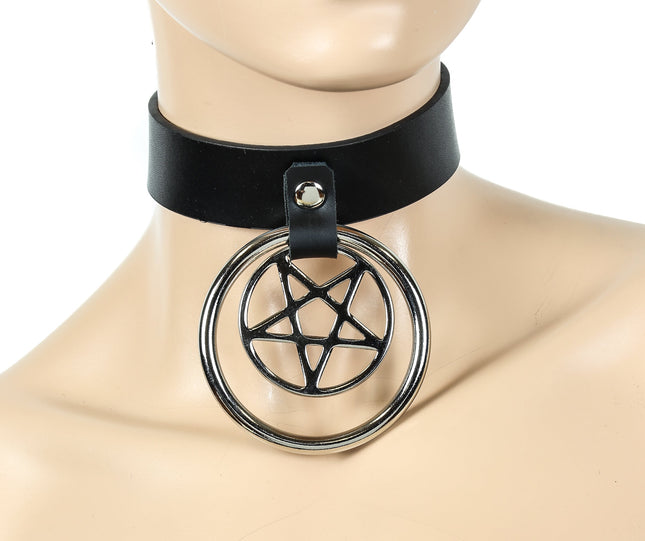FC614 DOUBLE RING PENTAGRAM CHOKER 1" PENTAGRAM AND 1
