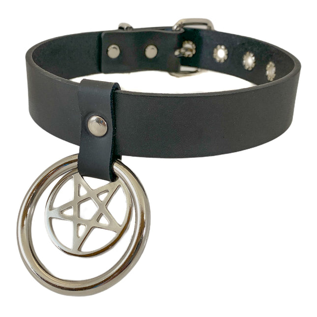 FC614 DOUBLE RING PENTAGRAM CHOKER 1" PENTAGRAM AND 1