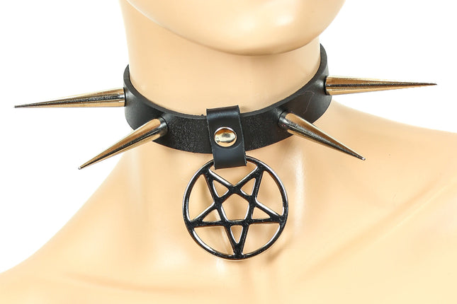 FC649 LONG CONE SPIKE PENTAGRAM CHOKER
