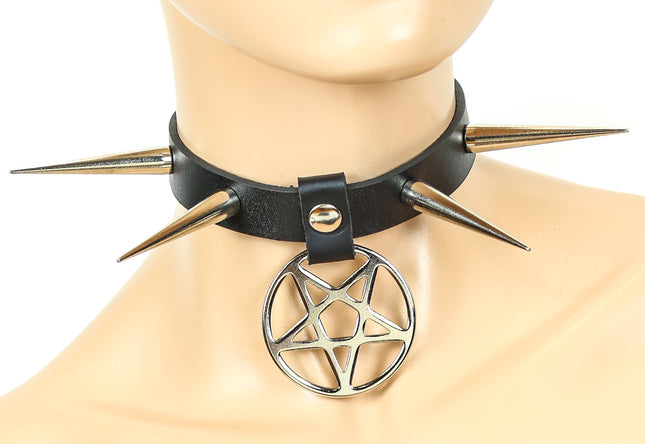 FC649 LONG CONE SPIKE PENTAGRAM CHOKER