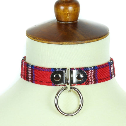 CK129PLAID  PLAID FABRIC O RING BONDAGE CHOKER