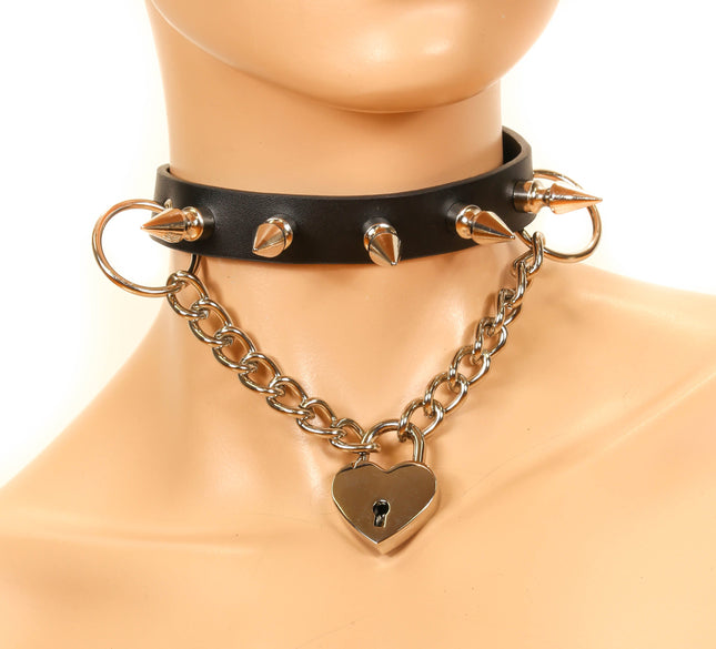 FC713HT HANGING HEART LOCK PENDANT SPIKE CHOKER
