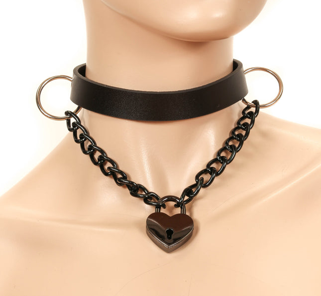 FC714HT HANGING HEART LOCK PENDANT LEATHER CHOKER
