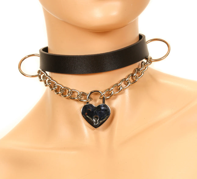 FC714HT HANGING HEART LOCK PENDANT LEATHER CHOKER