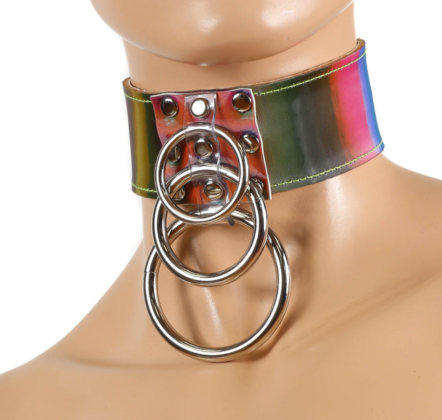 FC766 3 HANGING RING RAINBOW BONDAGE COLLAR