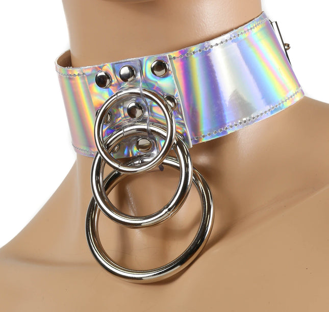 FC766 3 HANGING RING RAINBOW BONDAGE COLLAR