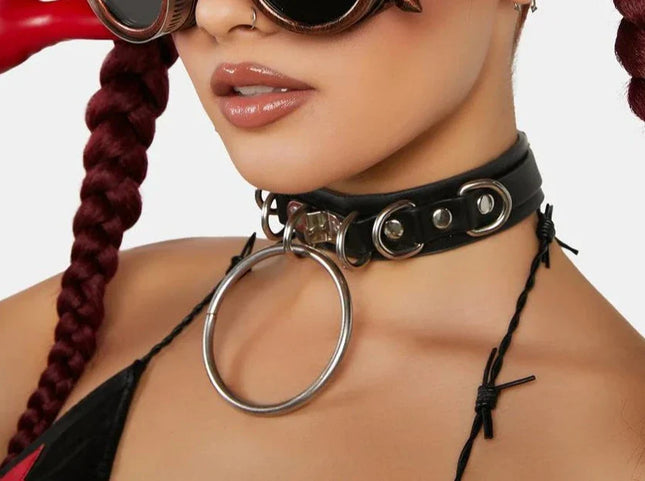 FC783 PREMIUM D RING STRAPPED BONDAGE CHOKER GENUINE LEATHER
