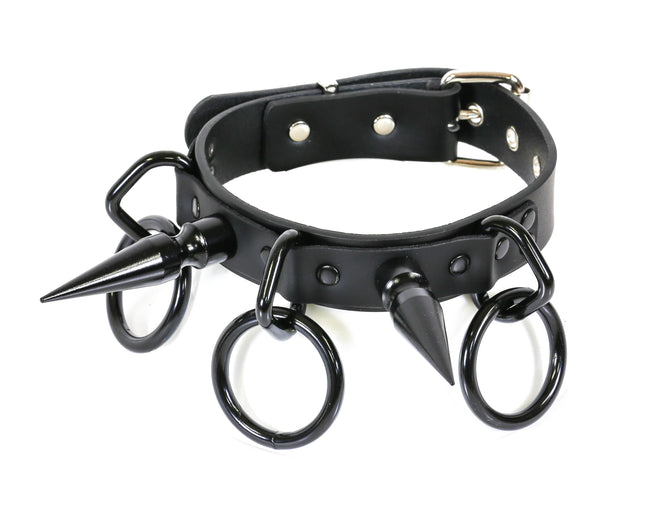 FC810  3"  SPIKE RING 3 RING BONDAGE CHOKER LEATHER