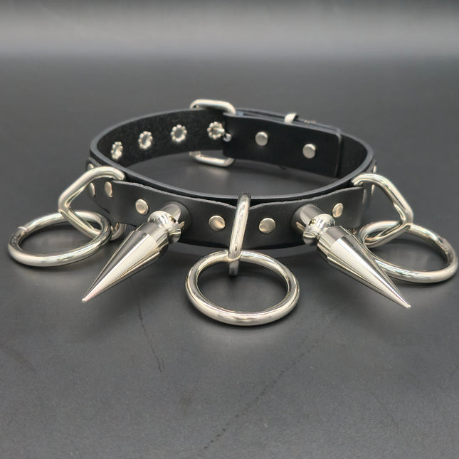 FC810  3"  SPIKE RING 3 RING BONDAGE CHOKER LEATHER