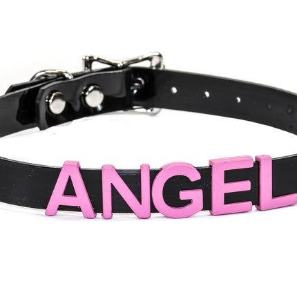 FC291-PS STAINLESS STEAL WORDS BLACK LEATHER CHOKER