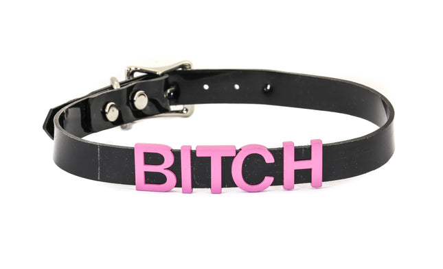 FC291-PS STAINLESS STEAL WORDS BLACK LEATHER CHOKER