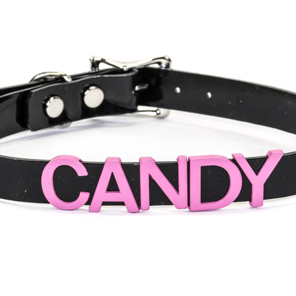 FC291-PS STAINLESS STEAL WORDS BLACK LEATHER CHOKER