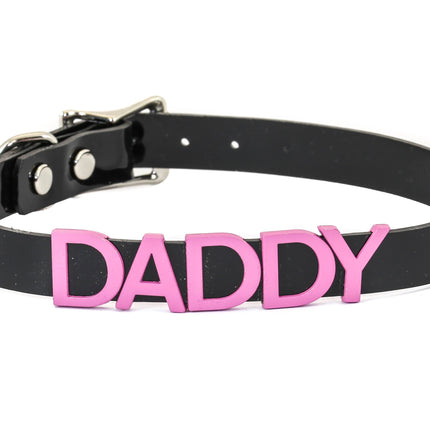 FC291-PS STAINLESS STEAL WORDS BLACK LEATHER CHOKER