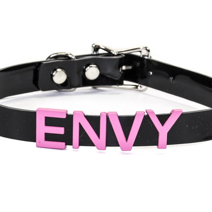 FC291-PS STAINLESS STEAL WORDS BLACK LEATHER CHOKER
