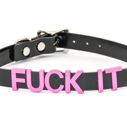 FC291-PS STAINLESS STEAL WORDS BLACK LEATHER CHOKER