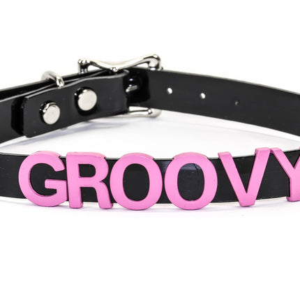 FC291-PS STAINLESS STEAL WORDS BLACK LEATHER CHOKER