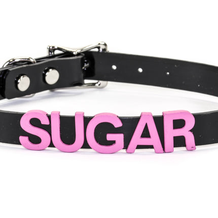 FC291-PS STAINLESS STEAL WORDS BLACK LEATHER CHOKER