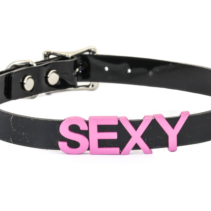 FC291-PS STAINLESS STEAL WORDS BLACK LEATHER CHOKER