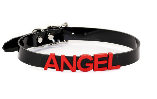 FC291-RS   RED LEATHER STAINLESS STEEL LETTER NAME FETISH  CHOKER