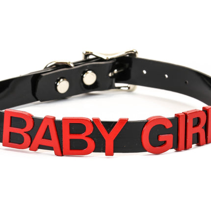 FC291-RS   RED LEATHER STAINLESS STEEL LETTER NAME FETISH  CHOKER