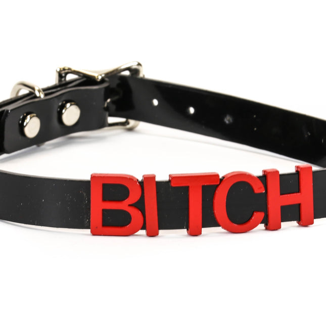 FC291-RS   RED LEATHER STAINLESS STEEL LETTER NAME FETISH  CHOKER