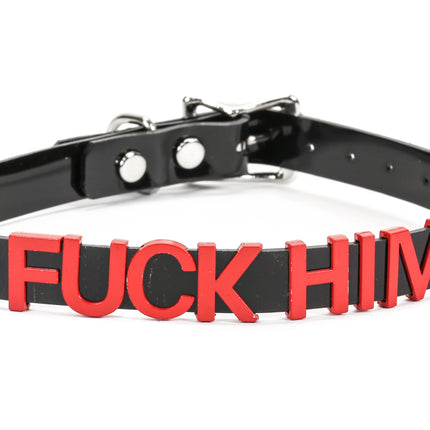 FC291-RS   RED LEATHER STAINLESS STEEL LETTER NAME FETISH  CHOKER