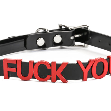 FC291-RS   RED LEATHER STAINLESS STEEL LETTER NAME FETISH  CHOKER