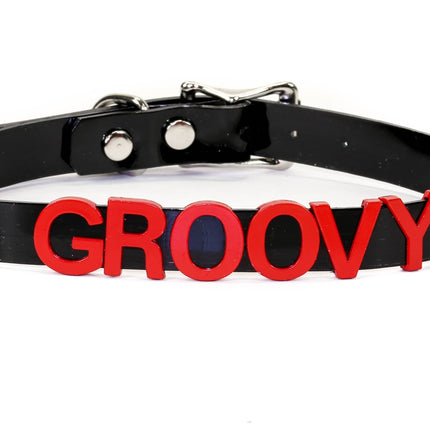 FC291-RS   RED LEATHER STAINLESS STEEL LETTER NAME FETISH  CHOKER