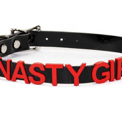 FC291-RS   RED LEATHER STAINLESS STEEL LETTER NAME FETISH  CHOKER
