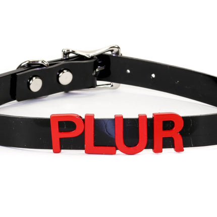 FC291-RS   RED LEATHER STAINLESS STEEL LETTER NAME FETISH  CHOKER
