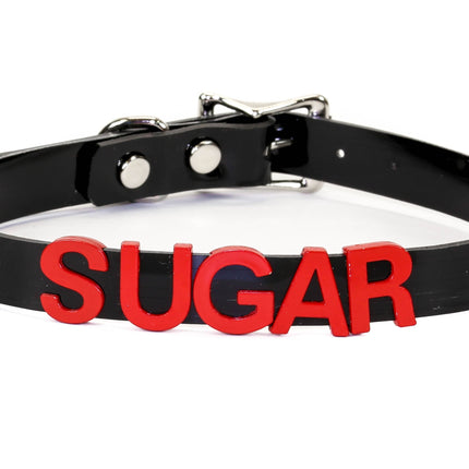 FC291-RS   RED LEATHER STAINLESS STEEL LETTER NAME FETISH  CHOKER