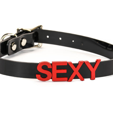 FC291-RS   RED LEATHER STAINLESS STEEL LETTER NAME FETISH  CHOKER