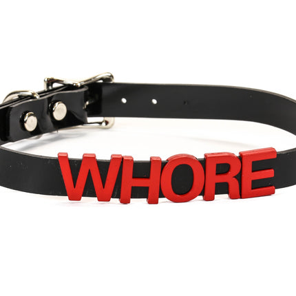 FC291-RS   RED LEATHER STAINLESS STEEL LETTER NAME FETISH  CHOKER
