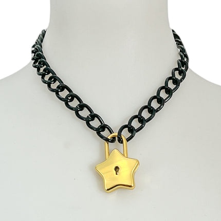 FC949 STAR LOCK BLACK LIGHT ALUMINUM CHAIN PAD LOCK NECKLACE