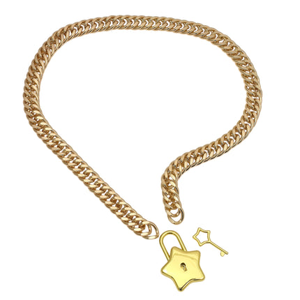 FC939-GOLD STAR LOCK DOUBLE LINK BLACK CUBAN PREMIUM CHAIN NECKLACE