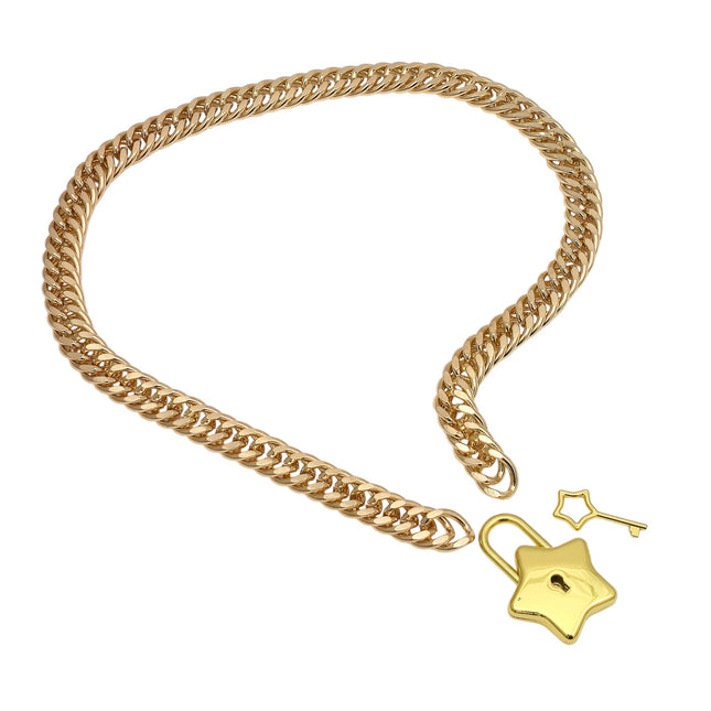 FC939-GOLD STAR LOCK DOUBLE LINK BLACK CUBAN PREMIUM CHAIN NECKLACE