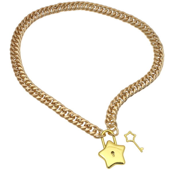 FC939-GOLD STAR LOCK DOUBLE LINK BLACK CUBAN PREMIUM CHAIN NECKLACE