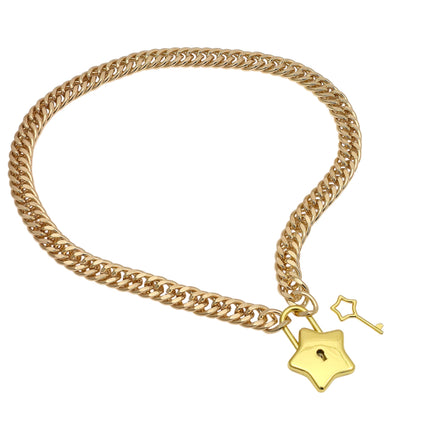 FC939-GOLD STAR LOCK DOUBLE LINK BLACK CUBAN PREMIUM CHAIN NECKLACE
