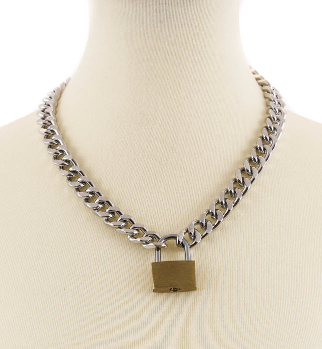 FC948SQ-BRS CUBAN CHAIN PADLOCK NECKLACE