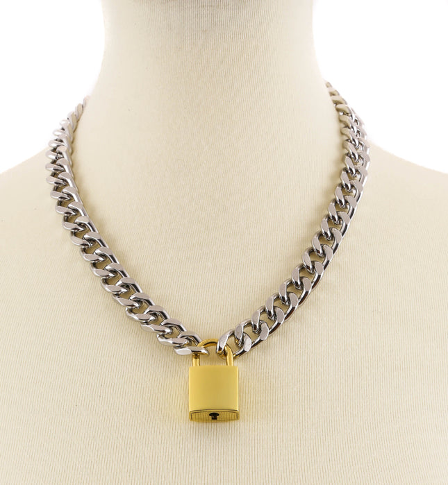 FC948SQ-BRS CUBAN CHAIN PADLOCK NECKLACE